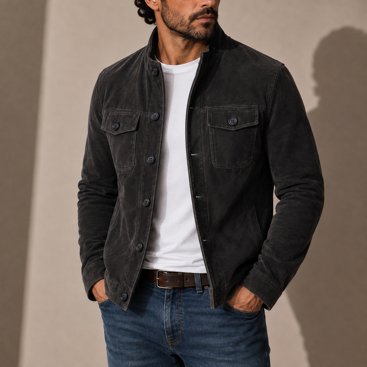 VESTE EFFET SUÈDE À COL MONTANT ET BOUTONS