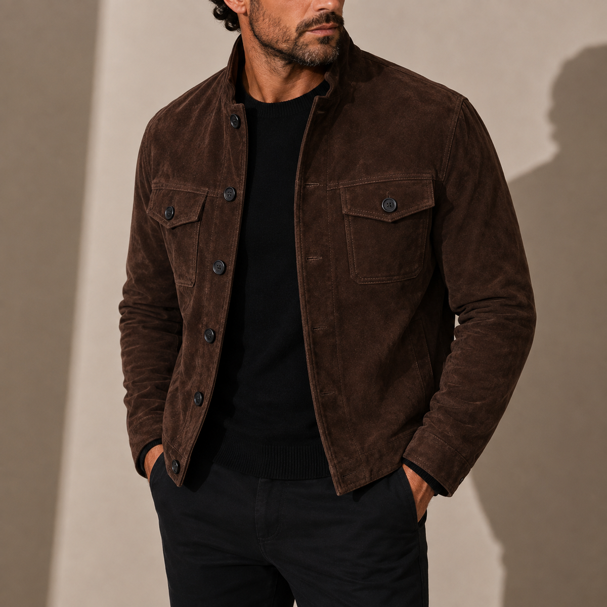 VESTE EFFET SUÈDE À COL MONTANT ET BOUTONS