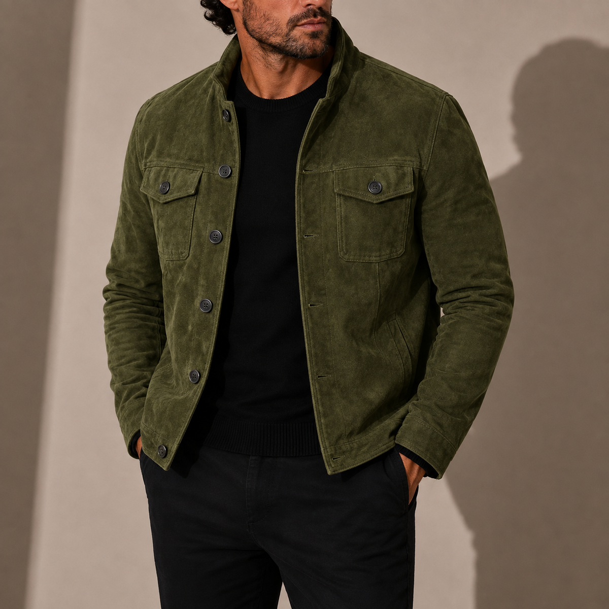 VESTE EFFET SUÈDE À COL MONTANT ET BOUTONS