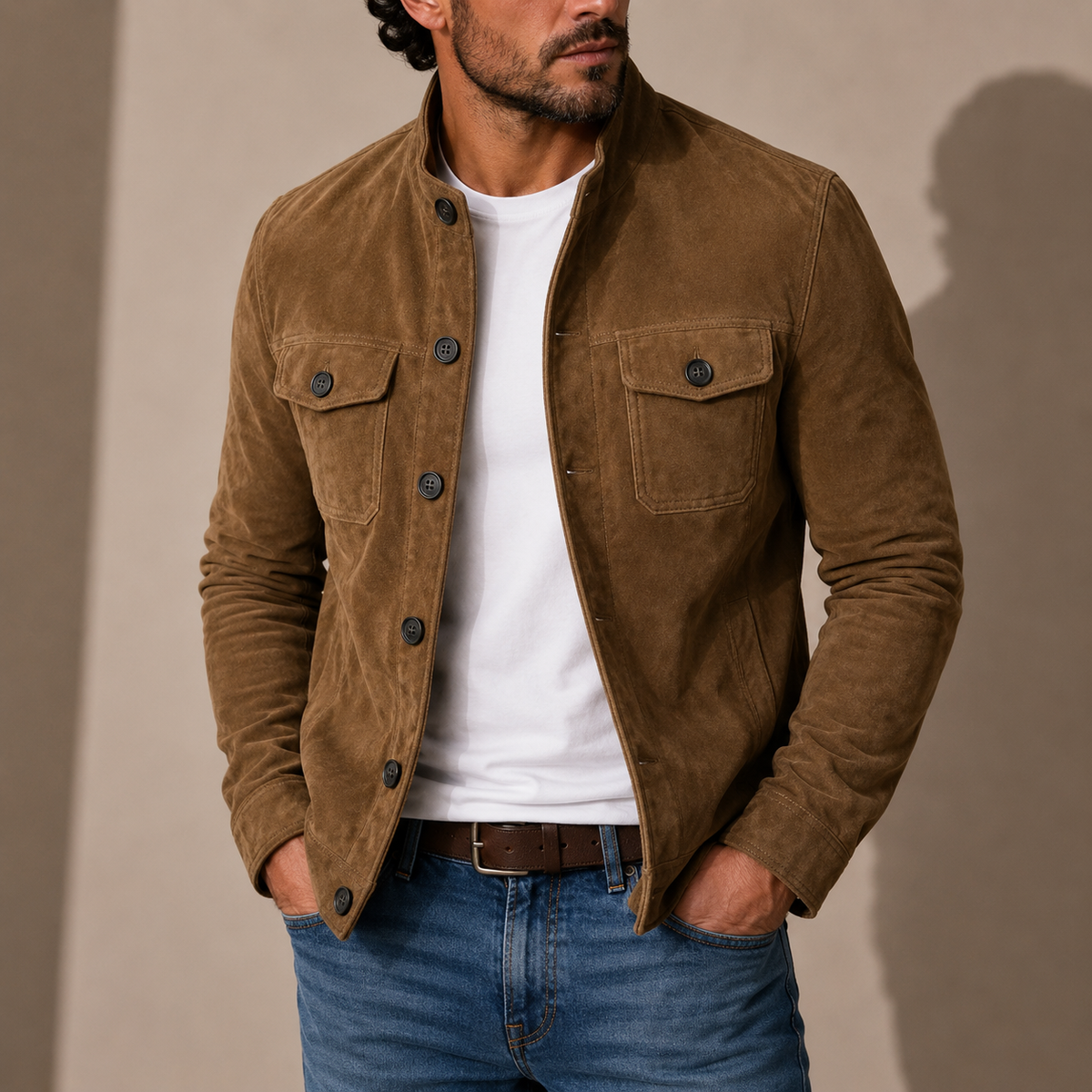 VESTE EFFET SUÈDE À COL MONTANT ET BOUTONS