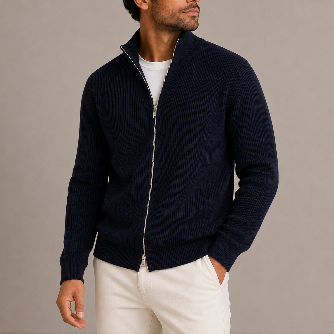 CARDIGAN EN TRICOT CÔTELÉ À FERMETURE ÉCLAIR PLEINE LONGUEUR