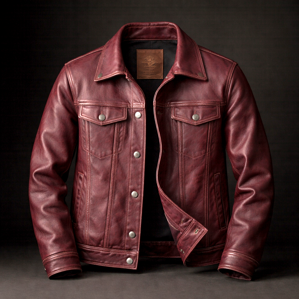 Veste en cuir vintage pour homme en bordeaux, vue de face