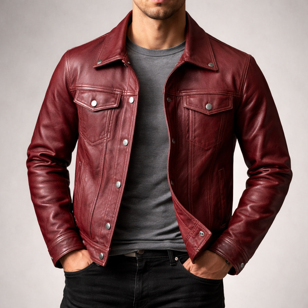 Homme portant la veste en cuir vintage bordeaux avec un t-shirt gris