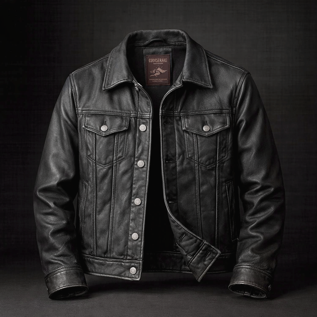 Veste en cuir vintage pour homme en noir classique, vue de face