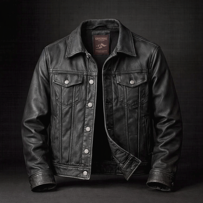 Veste en cuir vintage pour homme en noir classique, vue de face