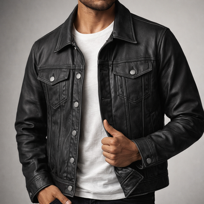 Homme portant la veste en cuir vintage noire avec un t-shirt blanc