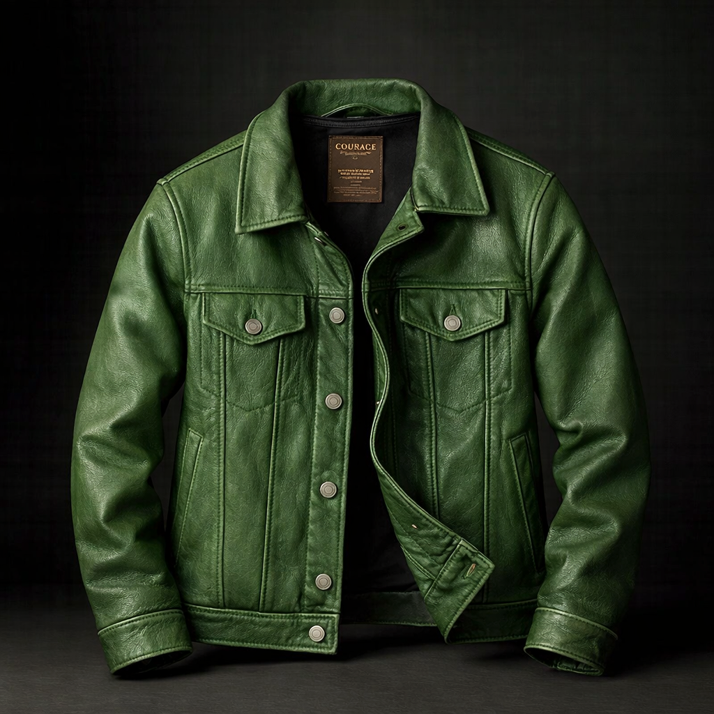 Veste en cuir vintage pour homme en vert sapin, vue de face