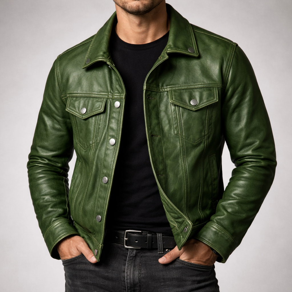 Homme portant la veste en cuir vintage vert sapin avec un t-shirt noir