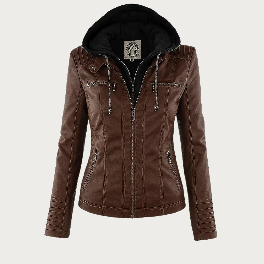 Veste en similicuir à capuchon pour femme en brun, vue de face