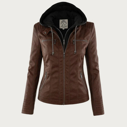 Veste en similicuir à capuchon pour femme en brun, vue de face