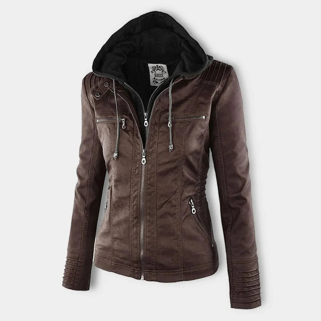 Veste à capuchon brune, vue de trois quarts