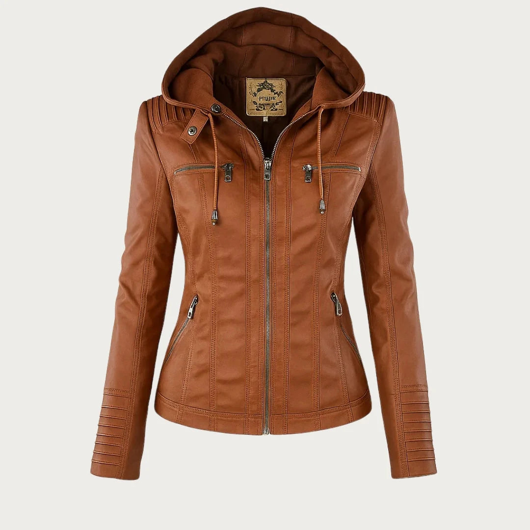Veste en similicuir à capuchon pour femme en camel, vue de face
