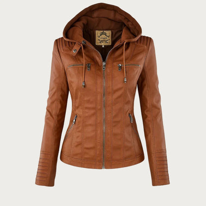 Veste en similicuir à capuchon pour femme en camel, vue de face