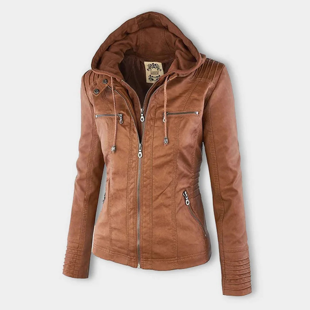Veste à capuchon camel, vue de trois quarts avec poches zippées