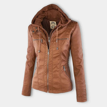 Veste à capuchon camel, vue de trois quarts avec poches zippées