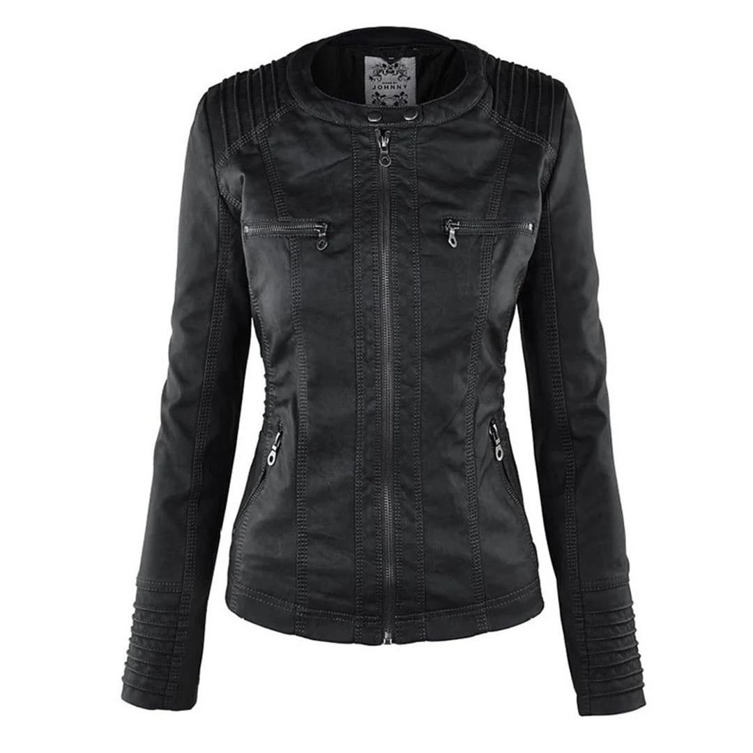 Veste noire en similicuir, vue de face