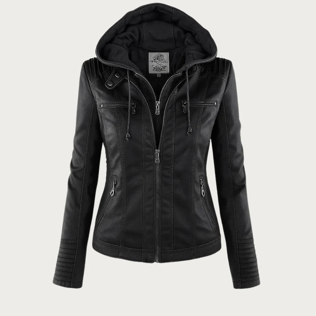 Veste en similicuir à capuchon pour femme en noir, vue de face
