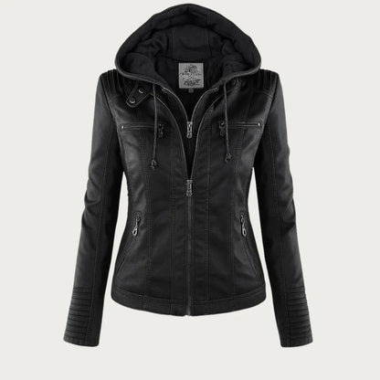Veste en similicuir à capuchon pour femme en noir, vue de face