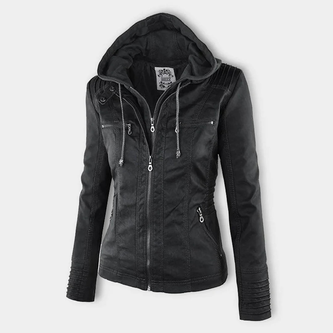 Veste à capuchon noire, vue de trois quarts